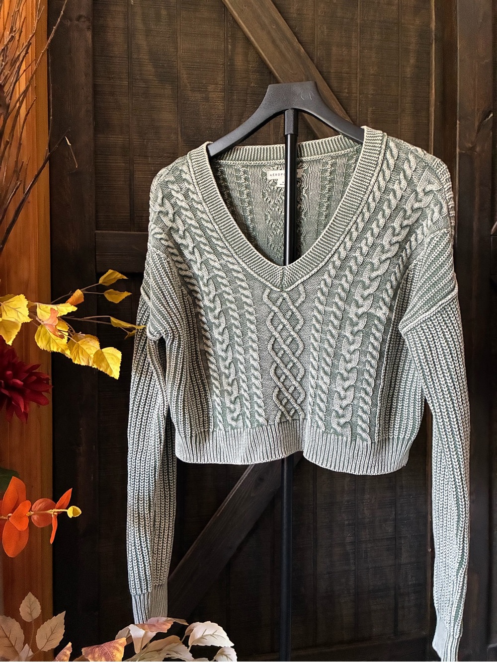 Aeropostale Sage Green Cable Knit V-Neck Sweater Cropped